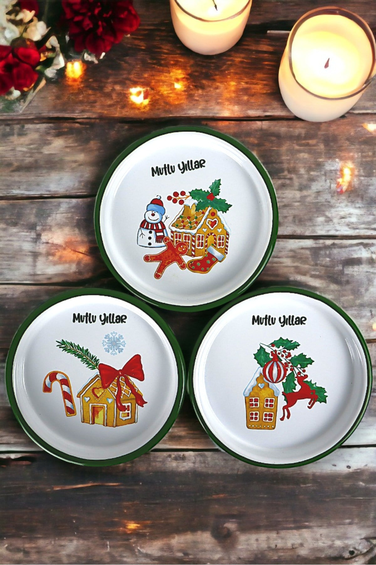 16 Cm 3 Parça Emaye Tabak 3 kişilk Kahve Tabağı, Servis Tabağı Çerez Tabağı, Yılbaşı, Hediye,