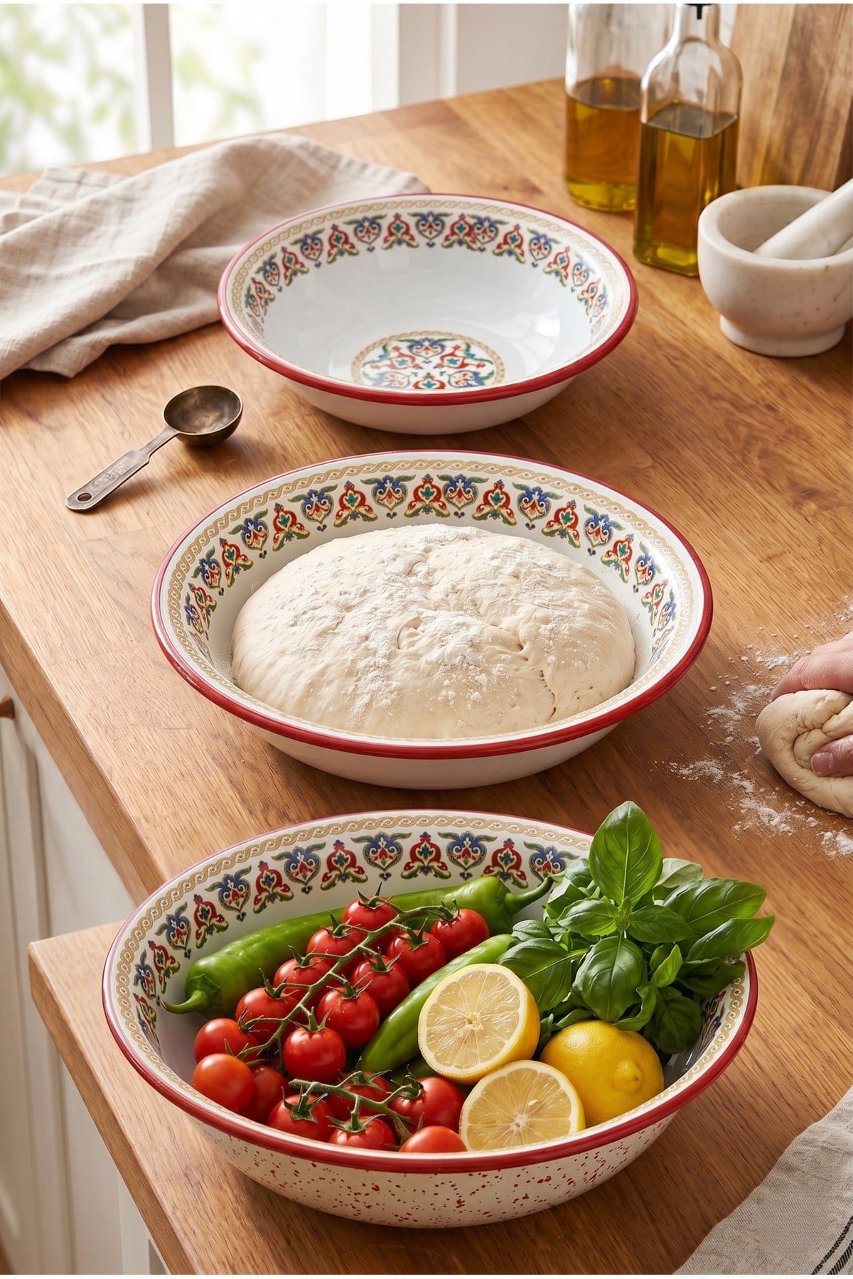 32 Cm-36 Cm-40 Cm 3 Lü Emaye Leğen Çırpma Ve Karıştırma Kabı, Hamur Leğeni,Meyvelik, Çeyiz, Hediye,
