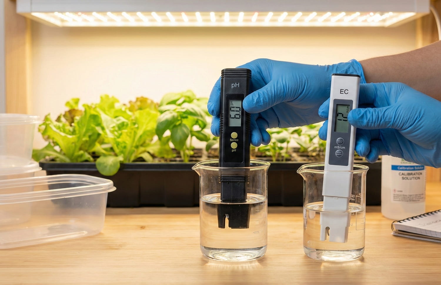 Modern bitki yetiştiriciliğinde ph metre ve ec metre kullanımı ile profesyonel su analizi ve bitki besleme hazırlığı.