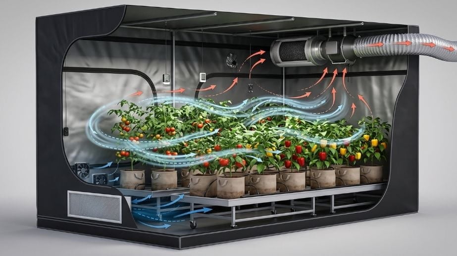 grow çadırı hava akışı, pasif hava girişi, aktif hava girişi, grow çadırı negatif basınç, kabin içi sirkülasyon fanı konumu, indoor havalandırma yerleşimi, sera havalandırma sistemleri