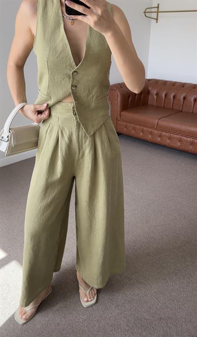 %100 HAM KETEN MARKA MODEL YEŞİL PANTOLON