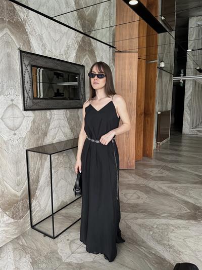 ASKILI BOL KESİM SİYAH TENSEL ELBİSE