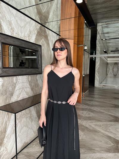 ASKILI BOL KESİM SİYAH TENSEL ELBİSE