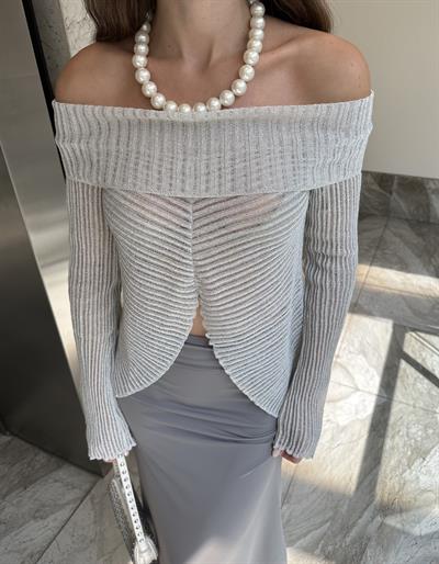 BARDOT YAKA AJURLU GRİ TRANSPARAN BLUZ