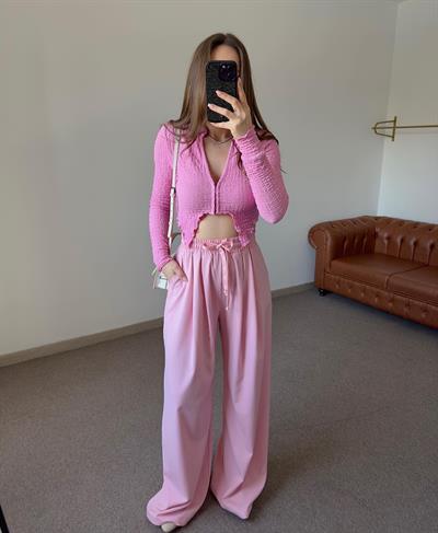 BELİ BAĞLAMALI PEMBE BOL PANTOLON