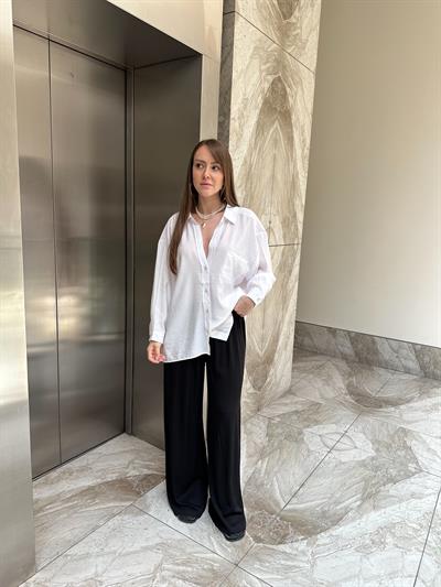 BELİ BAĞLAMLALI TENSEL BOL PANTOLON - SİYAH