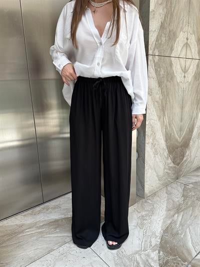 BELİ BAĞLAMLALI TENSEL BOL PANTOLON - SİYAH