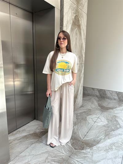 BELİ BAĞLAMLALI TENSEL BOL PANTOLON - TAŞ 