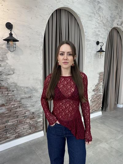 BİSİKLET YAKA DANTEL DETAYLI BORDO BLUZ