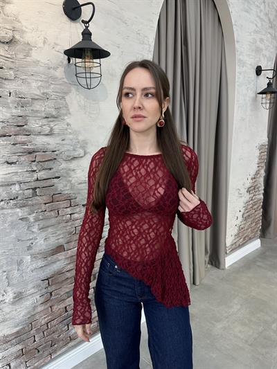 BİSİKLET YAKA DANTEL DETAYLI BORDO BLUZ
