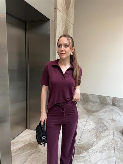 BORDO POLO YAKA ÇİZGİ DETAYLI MODAL TAKIM