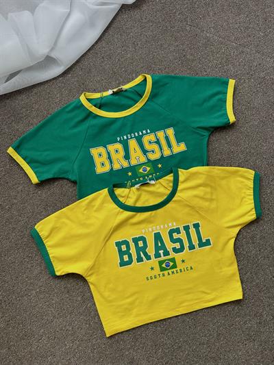 BRASİL SARI BASKILI CROP T-SHİRT