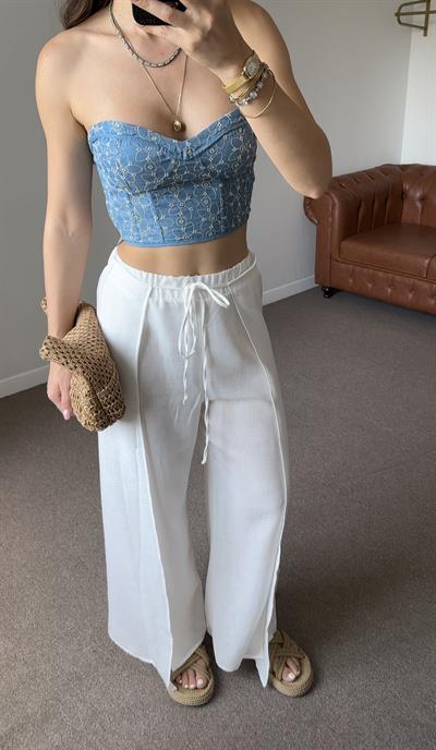 ÇİÇEK DESENLİ MAVİ CROP BLUZ
