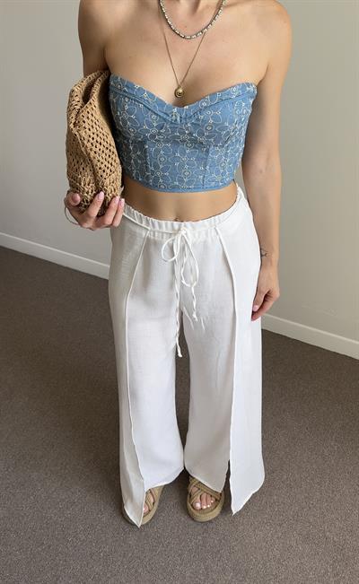 ÇİÇEK DESENLİ MAVİ CROP BLUZ