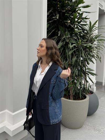 DENİM DETAYLI LACİVERT BLAZER CEKET
