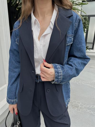 DENİM DETAYLI LACİVERT BLAZER CEKET