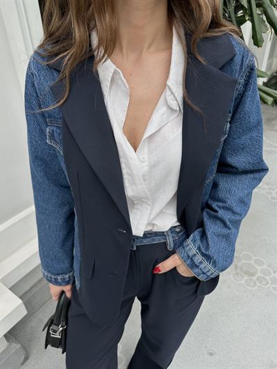 DENİM DETAYLI LACİVERT BLAZER CEKET
