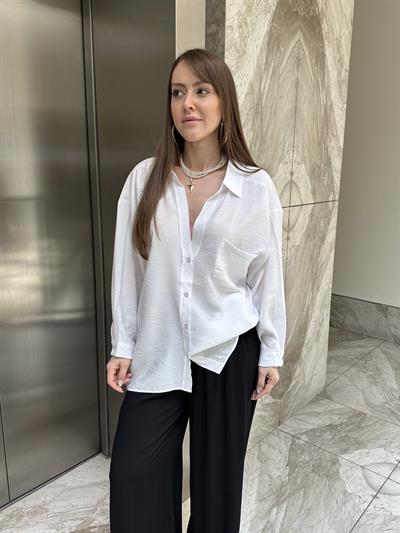 DÜŞÜK OMUZ OVERSİZE TENSEL GÖMLEK - BEYAZ