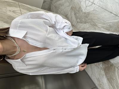 DÜŞÜK OMUZ OVERSİZE TENSEL GÖMLEK - BEYAZ