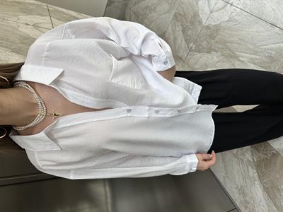 DÜŞÜK OMUZ OVERSİZE TENSEL GÖMLEK - BEYAZ