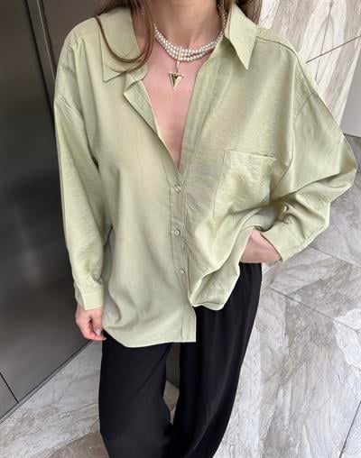 DÜŞÜK OMUZ OVERSİZE TENSEL GÖMLEK - YAĞ YEŞİLİ