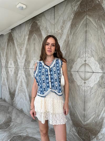 ETNİK DESEN MAVİ DÜĞMELİ YELEK