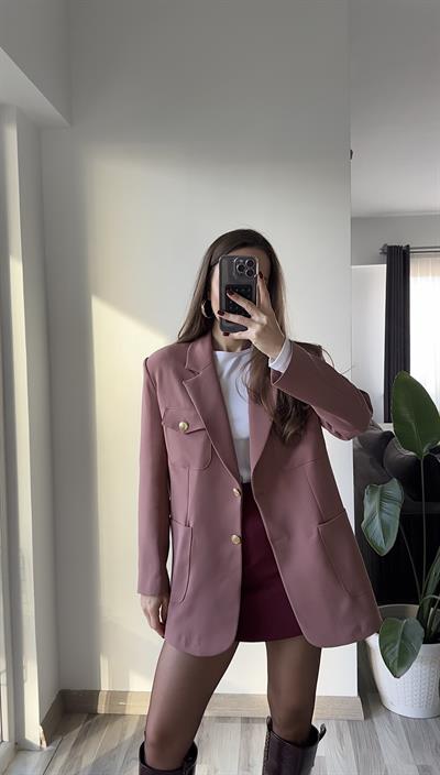 Gold Düğme Detaylı Cepli Gül Kurusu Blazer Ceket