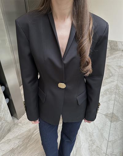 GOLD DÜĞMELİ BEL OTURTMALI SİYAH BLAZER CEKET