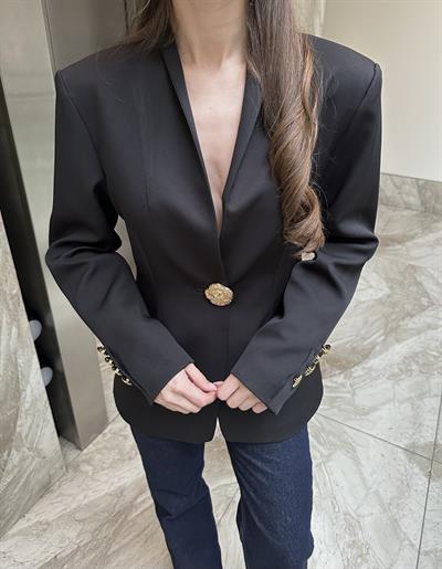 GOLD DÜĞMELİ BEL OTURTMALI SİYAH BLAZER CEKET