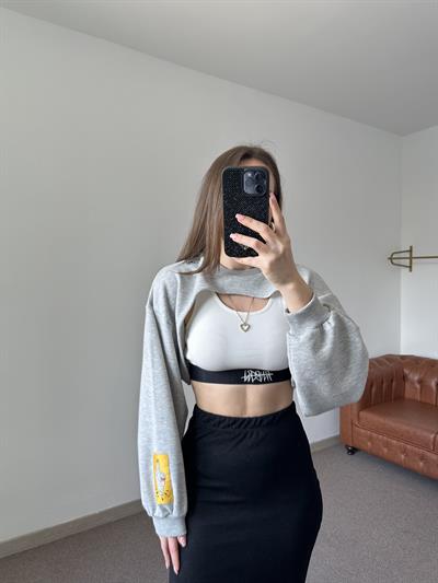 GRİ MELANJ TASARIM CROP SWEAT