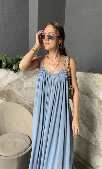 İNDİGO KETEN ASTARLI ASKILI ELBİSE