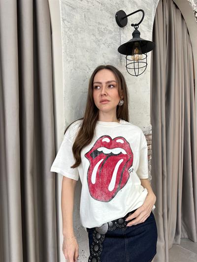 KIRMIZI BASKILI ROLLING STONES T-SHİRT