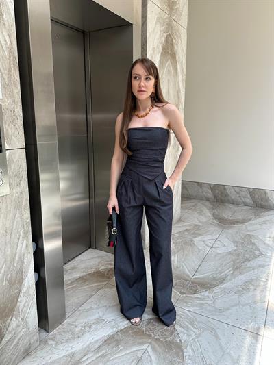 KOYU LACİVERT STRAPLEZ DENİM TAKIM