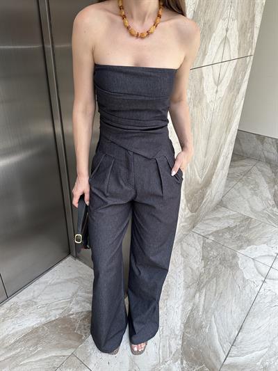 KOYU LACİVERT STRAPLEZ DENİM TAKIM