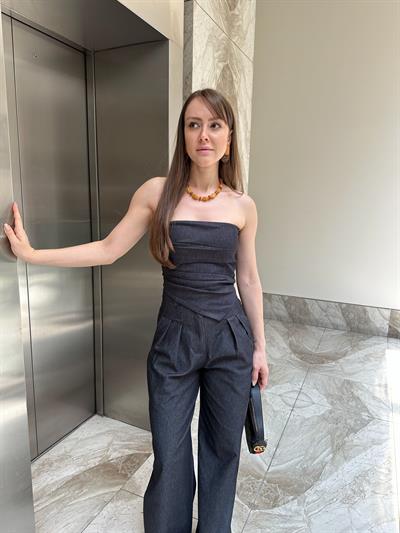 KOYU LACİVERT STRAPLEZ DENİM TAKIM