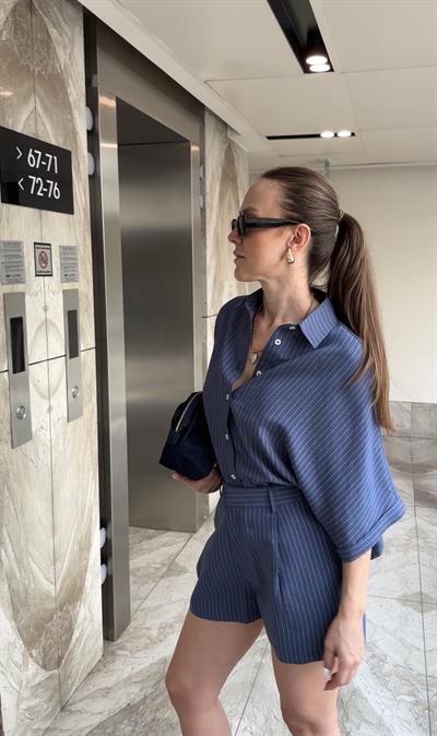 LACİVERT ÇİZGİLİ GÖMLEK ŞORT TAKIM 