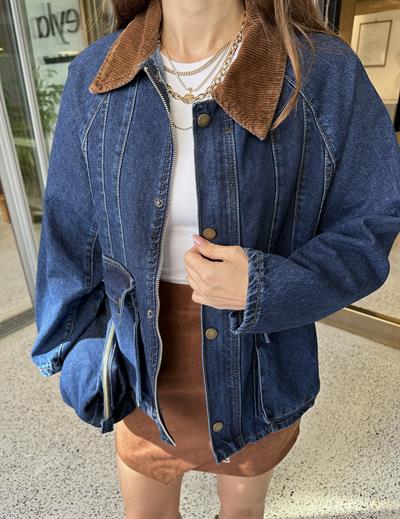 Lacivert Kadife Yaka Torba Cepli Denim Ceket