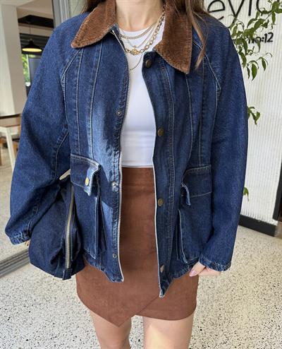 Lacivert Kadife Yaka Torba Cepli Denim Ceket