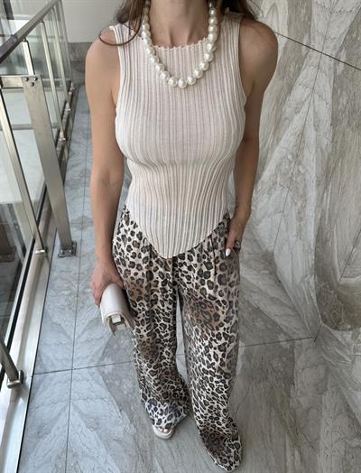 LEOPAR DESEN SATEN BELİ LASTİKLİ PANTOLON