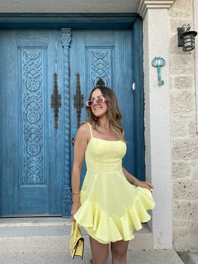 MARKA MODEL ASKILI PİLELİ SARI ELBİSE