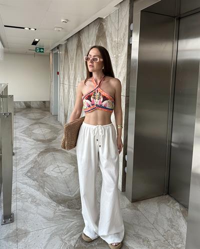 MARKA MODEL ASTARLI BEYAZ KETEN PANTOLON