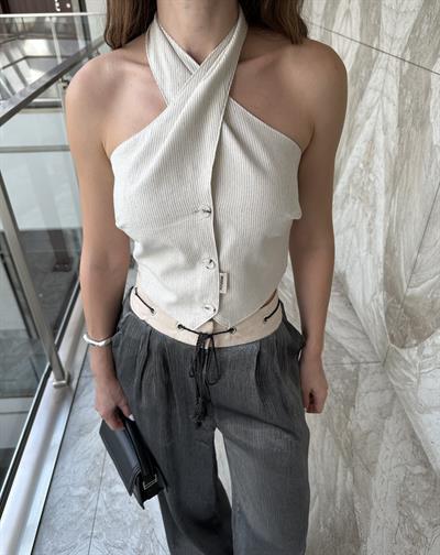 MARKA MODEL NATUREL KETEN ÇİZGİLİ BLUZ