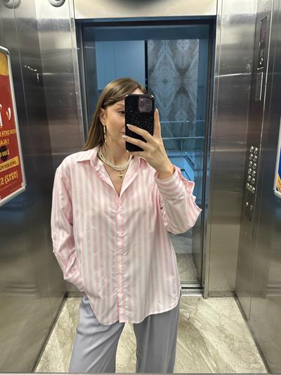 PEMBE BEYAZ ÇİZGİLİ PAMUK GÖMLEK