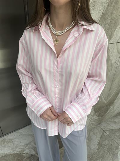 PEMBE BEYAZ ÇİZGİLİ PAMUK GÖMLEK