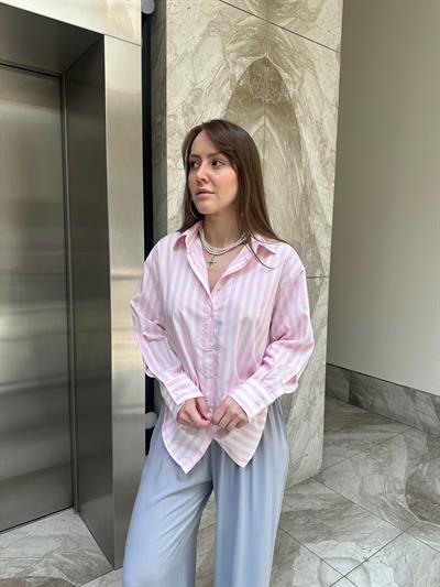 PEMBE BEYAZ ÇİZGİLİ PAMUK GÖMLEK