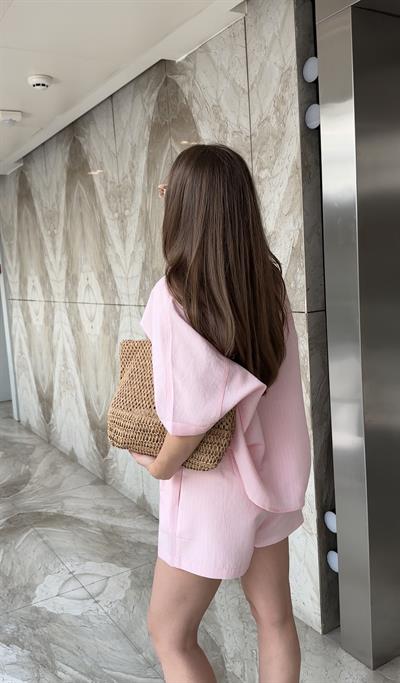 PEMBE ÇİZGİLİ GÖMLEK ŞORT TAKIM 