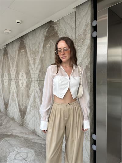 PİLE DETAYLI YÜKSEK BEL BEJ PANTOLON