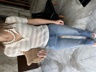 POLO YAKA AJURLU DÜĞMELİ KISA KOL BLUZ