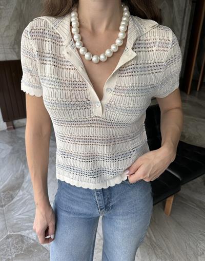 POLO YAKA AJURLU DÜĞMELİ KISA KOL BLUZ