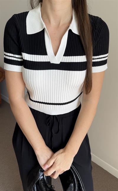POLO YAKA ÇİZGİLİ CROP KAZAK